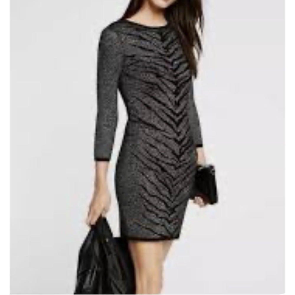 Express Womens Sweater Bodycon Dress Long Sleeve Black/Silver Glitter Medium Y2K